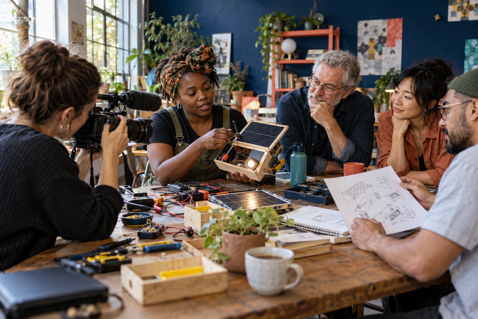 An illustrative community media workshop where collaborators film a maker explaining a small solar-powered device.