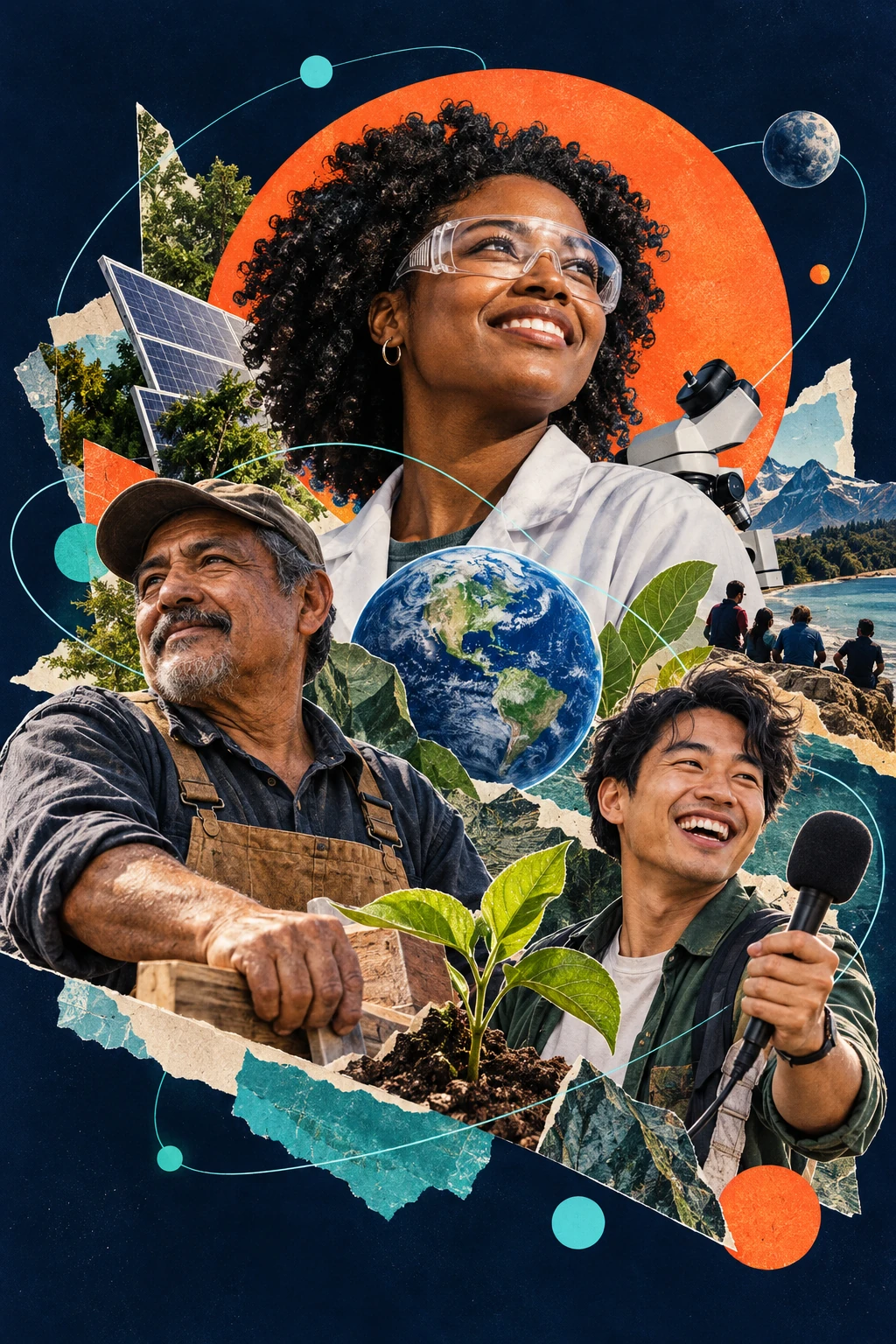 An imaginative collage of community makers, a scientist, Earth, clean energy and a growing seedling.