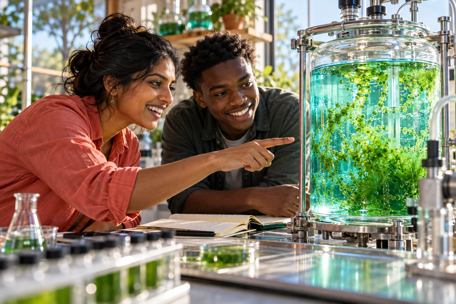An illustrative scene of two adults discovering a blue-green algae vessel in a hands-on science workshop.