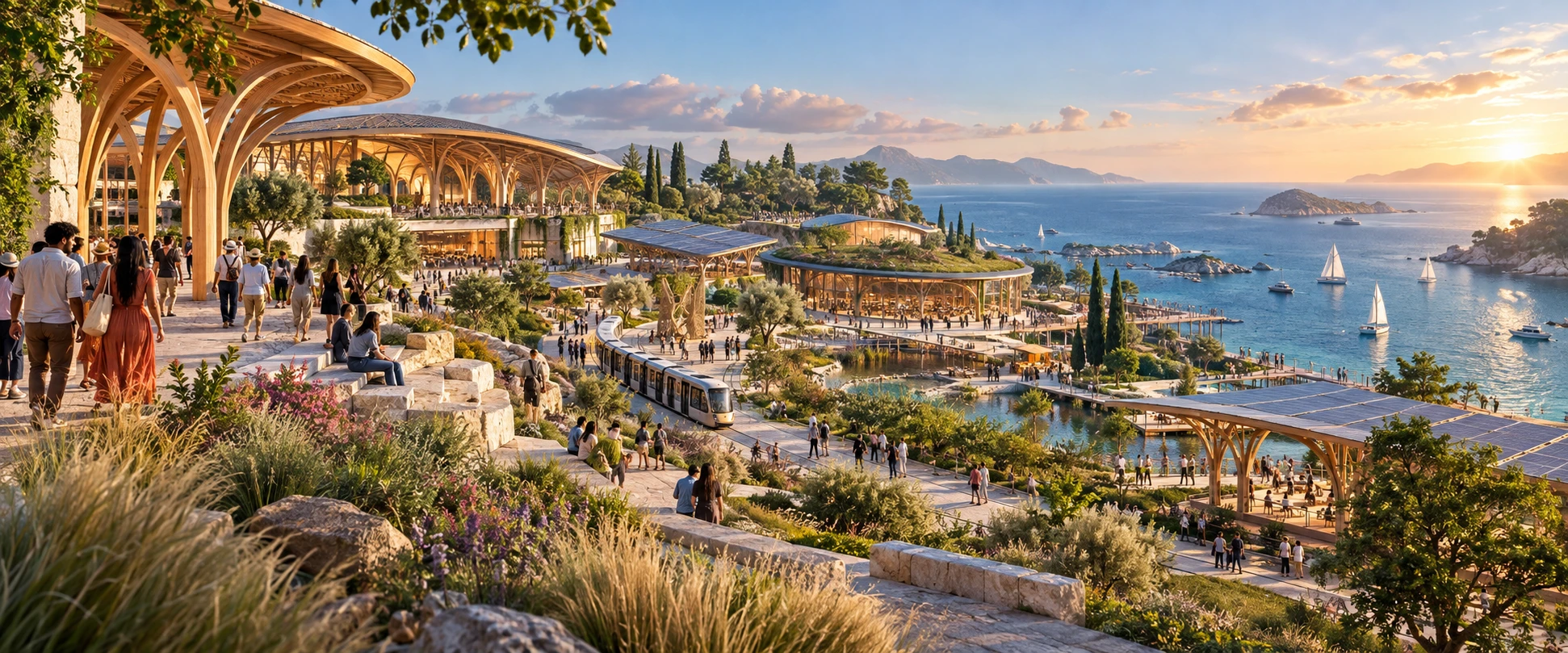 An imagined waterfront WORLD STAGE with timber pavilions, community gardens, solar canopies and public transit